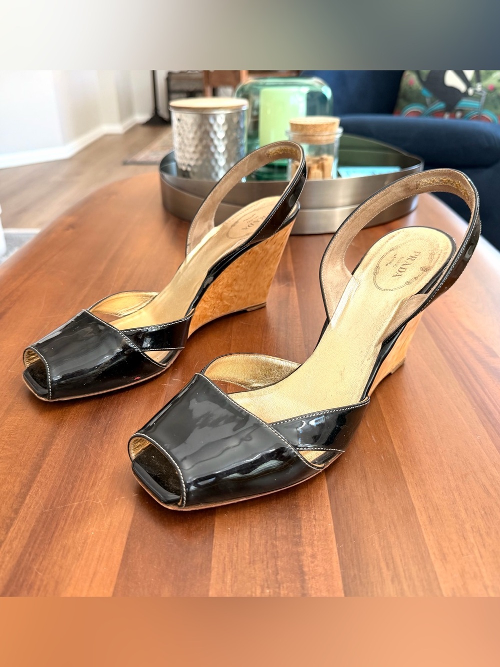 Prada Black Patent Leather Wood Wedge Slingback Heels 39.5